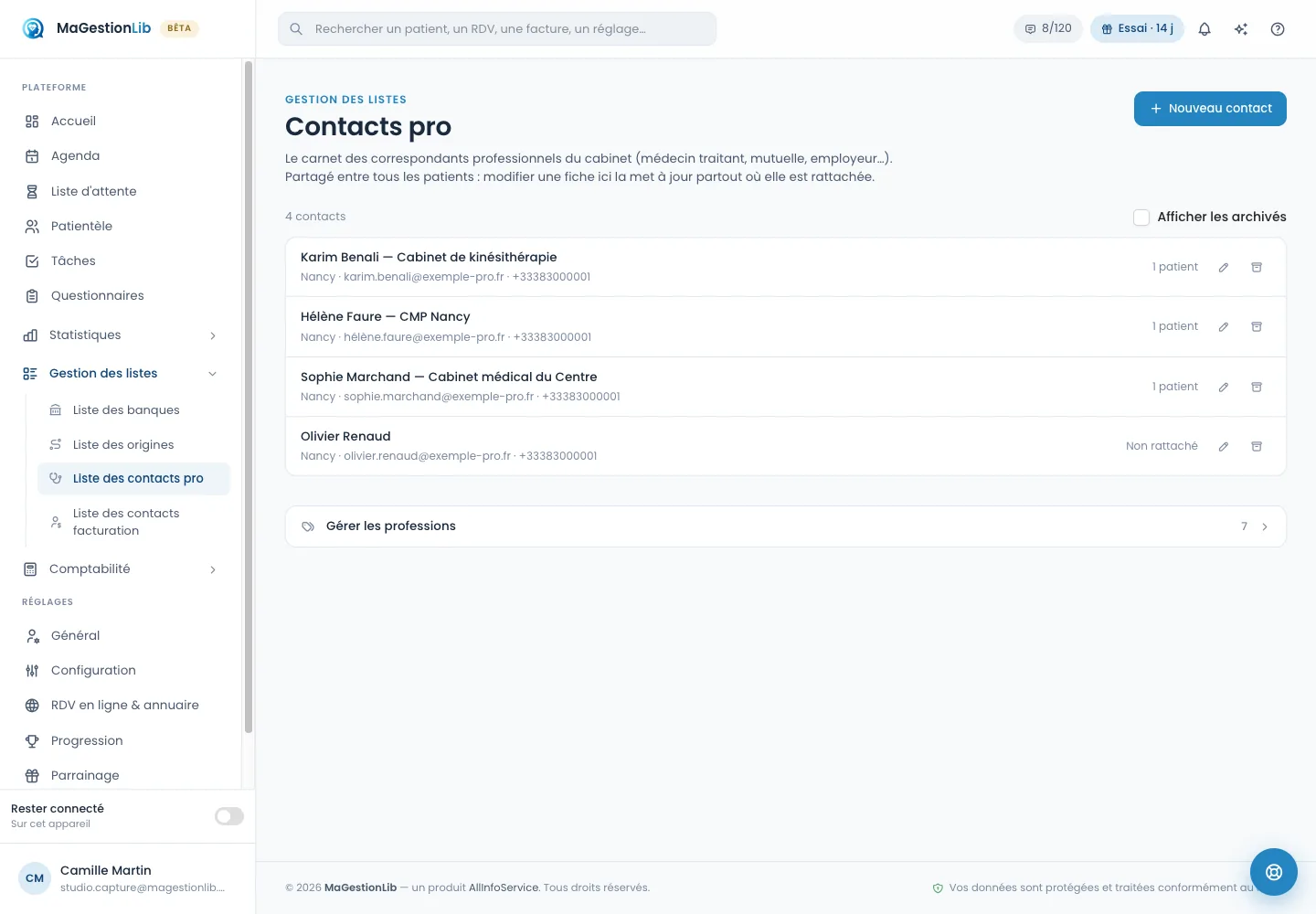 Contacts professionnels dans MaGestionLib