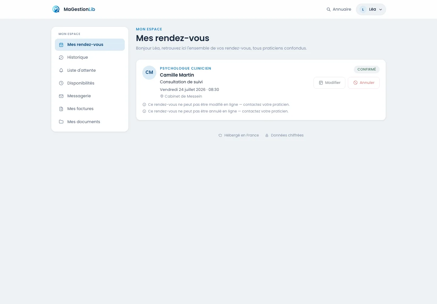 Espace patient dans MaGestionLib