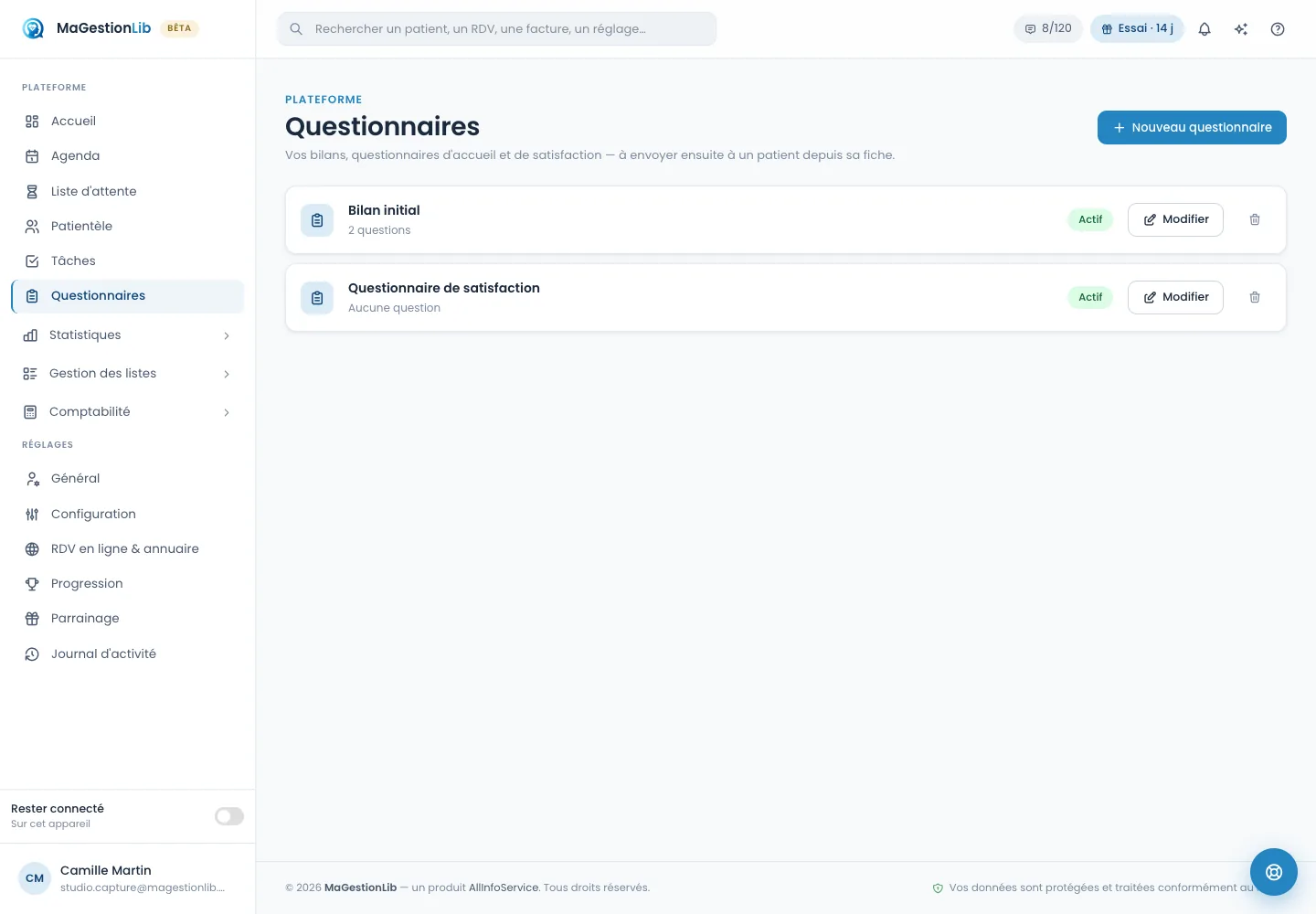 Questionnaires et bilans dans MaGestionLib