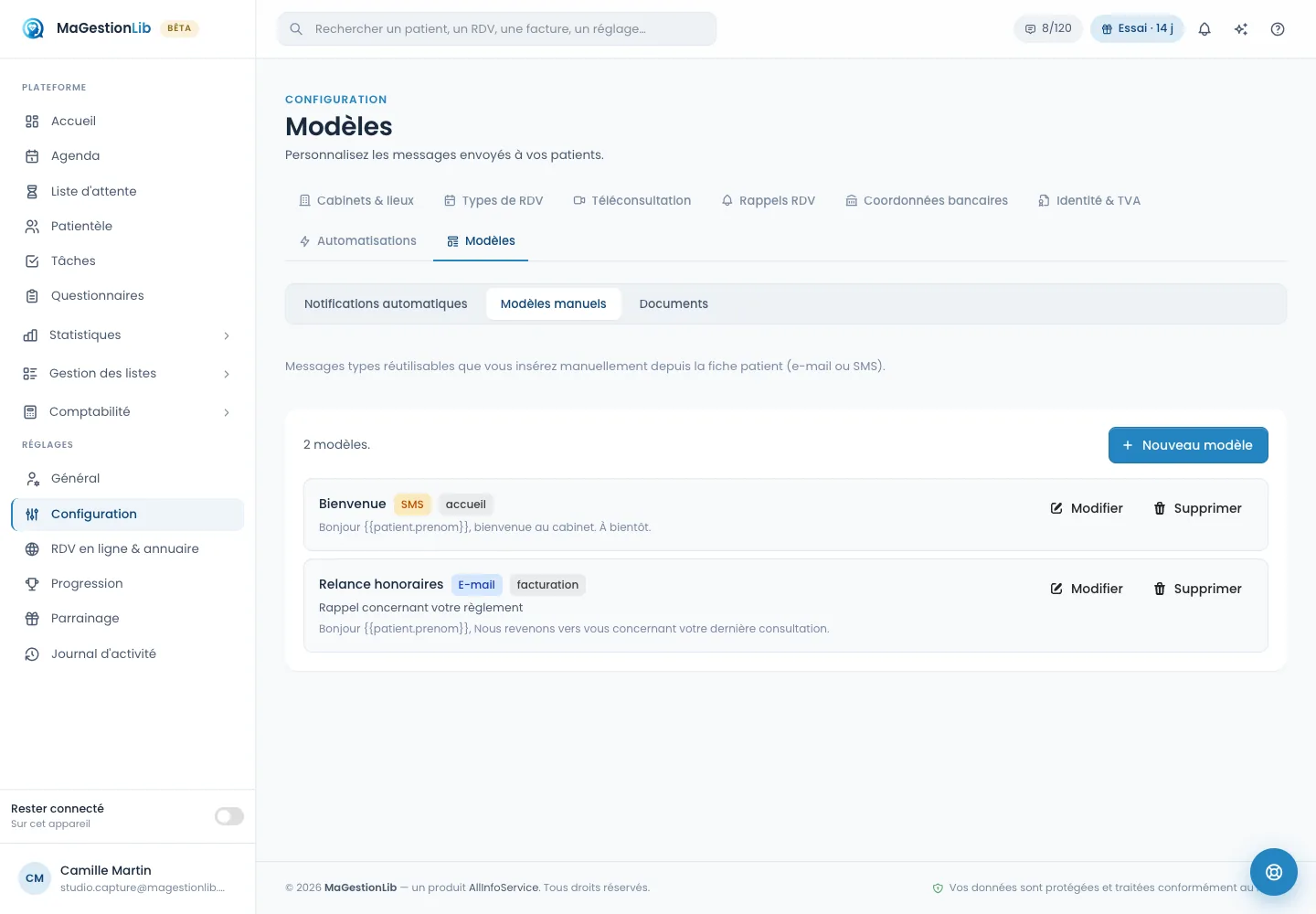 Modèles de messages dans MaGestionLib