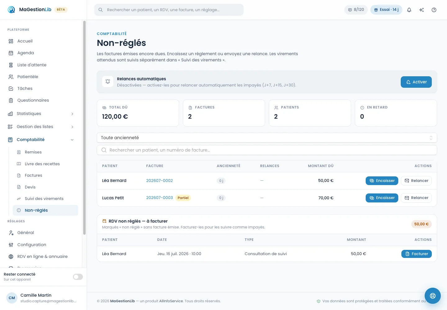 Impayés et relances dans MaGestionLib